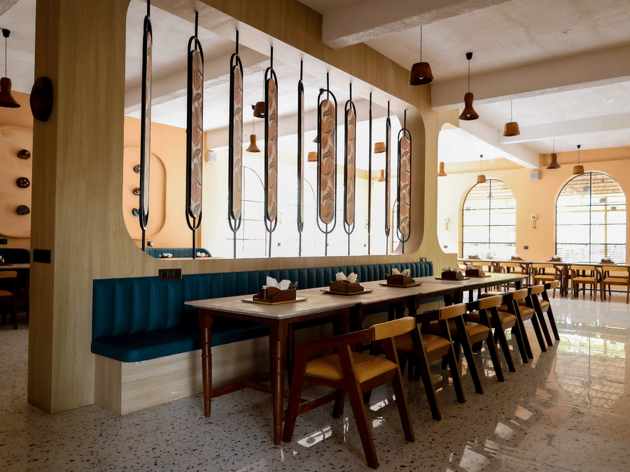 The restaurant interior at Signum Resort, Bandhavgarh