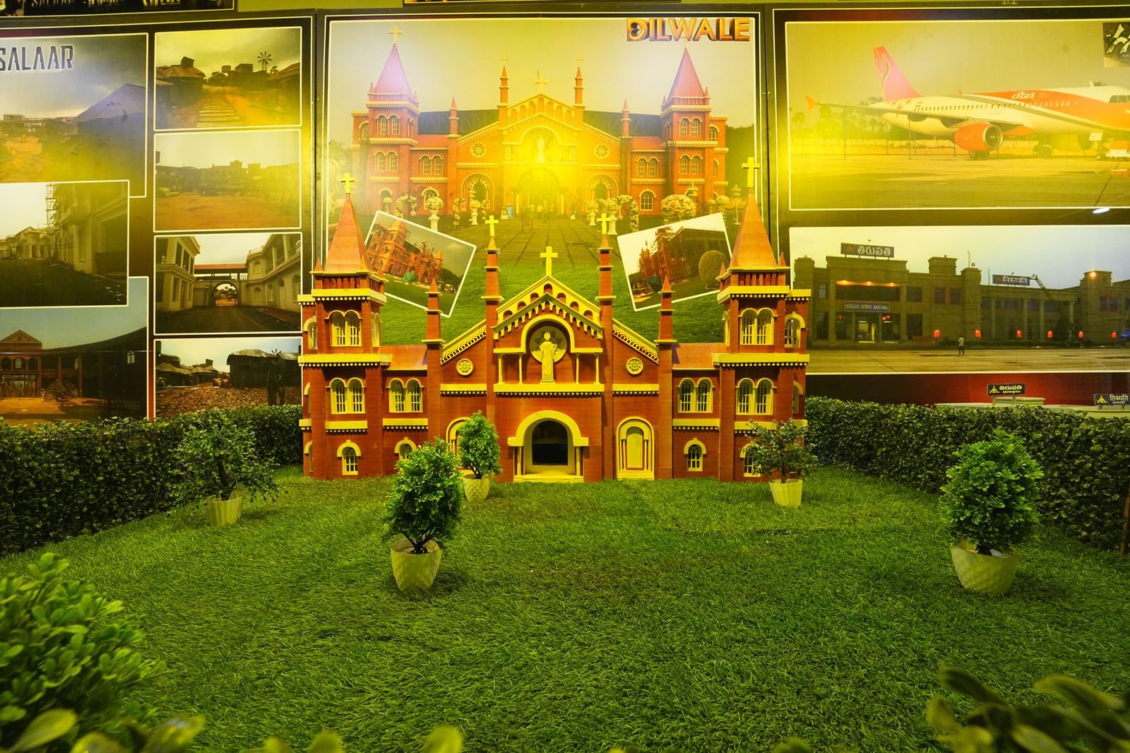 Miniature replica of the Dilwale Church set at Ramoji Film City, with bright lighting and detailed architecture display.