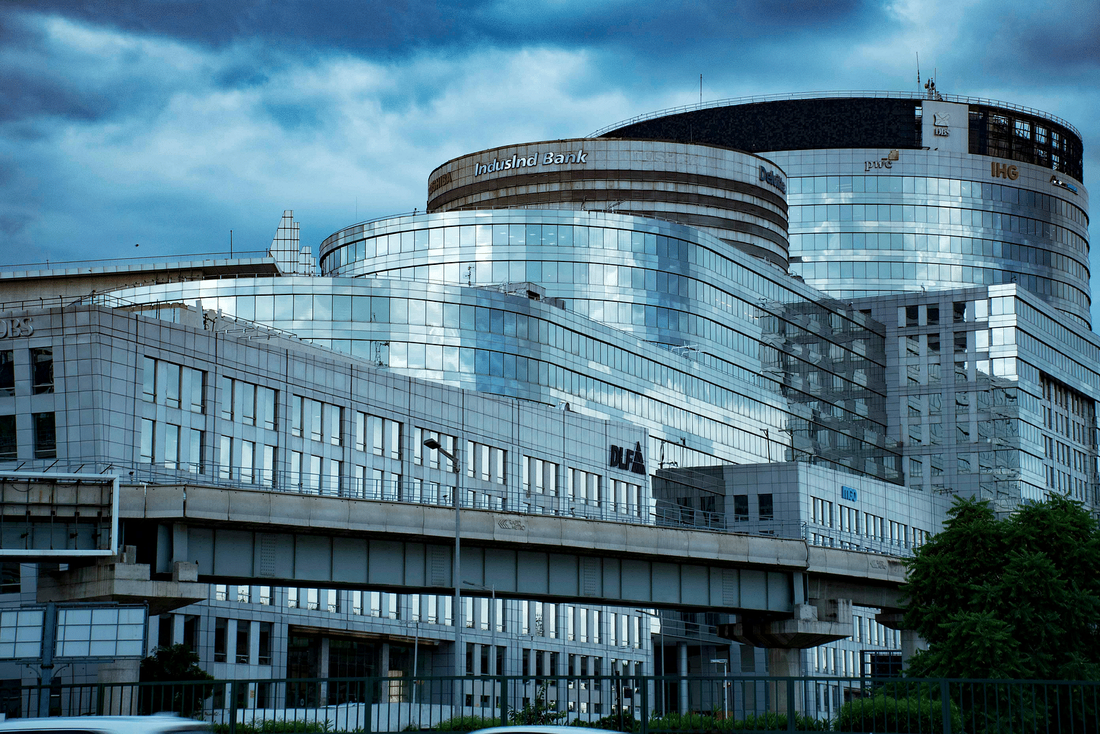 An overview of a building with glass covering the whole building.
