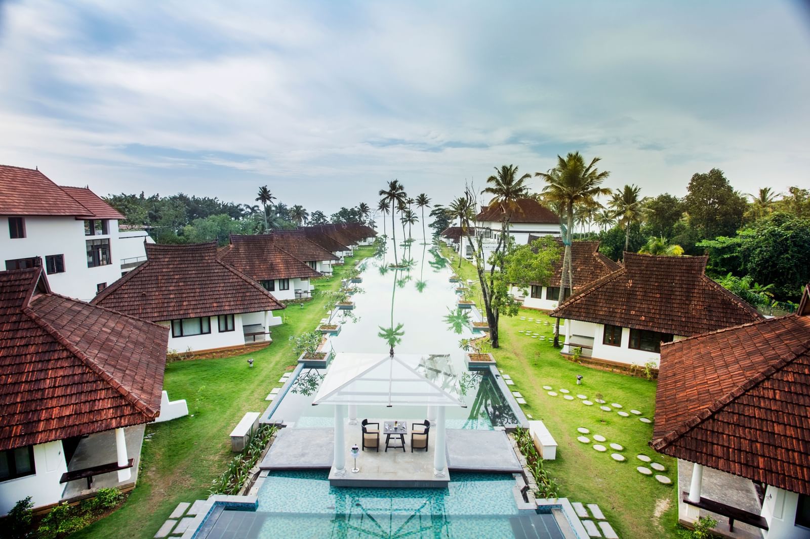 A drone shot of Rhythm Kumarakom featuring swimming pool with cottages and villas lined up on both sides.