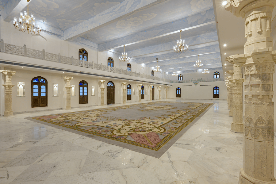 Fateh Vilas Udaipur - Surya Prakash hall with decor and chandeliers.