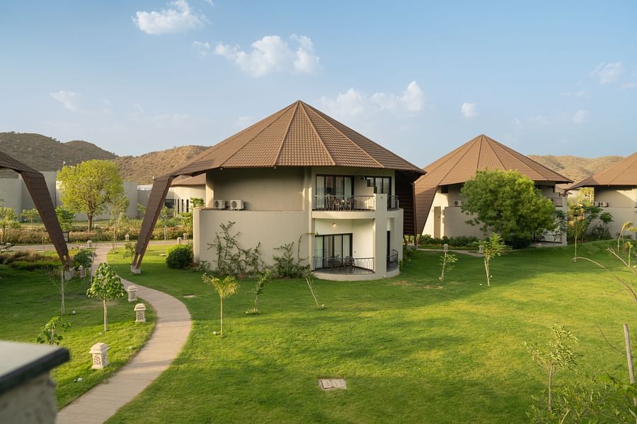 Long view of a two floored building with balcony at Ananta Spa and Resort, Ajabgarh
