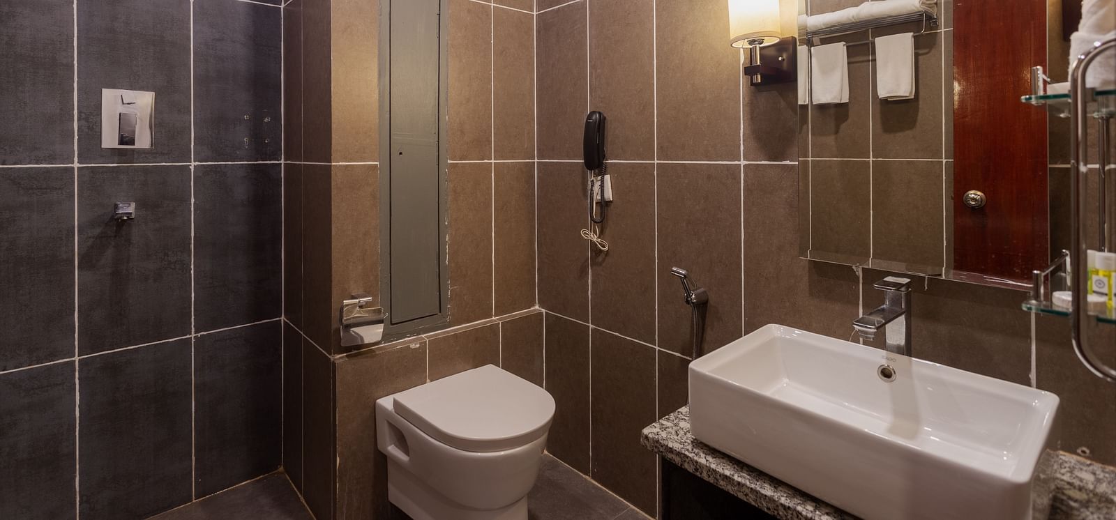Well-appointed bathroom at Diamond Palace Lords Plaza with a modern sink, toilet, and a tiled shower area.