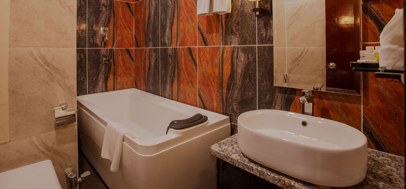 Stylish bathroom at Diamond Palace Lords Plaza with a modern sink, bathtub, and patterned tiling.