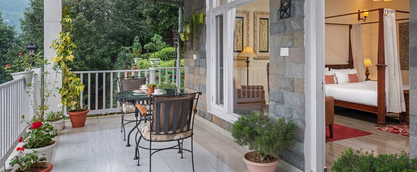 Charming balcony space with seating and scenic greenery, adjoining a bedroom suite, at BluSalzz Collection - Suvaasa Resort, Ramgarh.