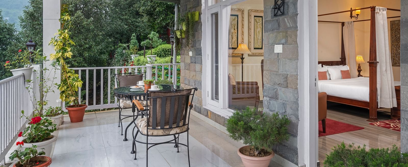 Charming balcony space with seating and scenic greenery, adjoining a bedroom suite, at BluSalzz Collection - Suvaasa Resort, Ramgarh.