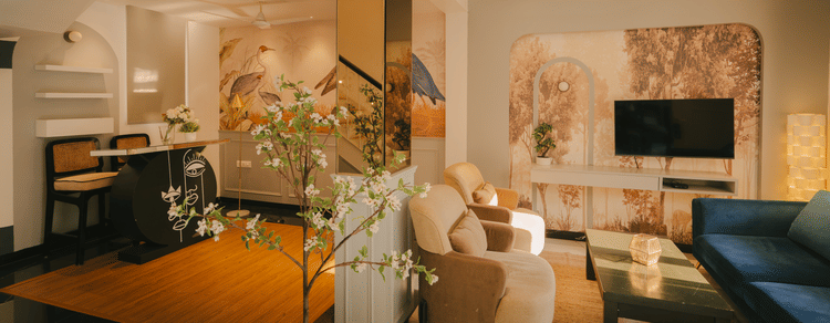 Luxurious and spacious living room with elegant furnishings in Three BHK Premium Villa, Richmonde Ananta Elite, Goa.