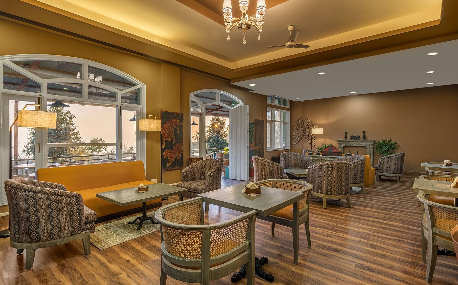 An image of Atman, dharamshala restaurant interior with elegant decor and comfortable seating.