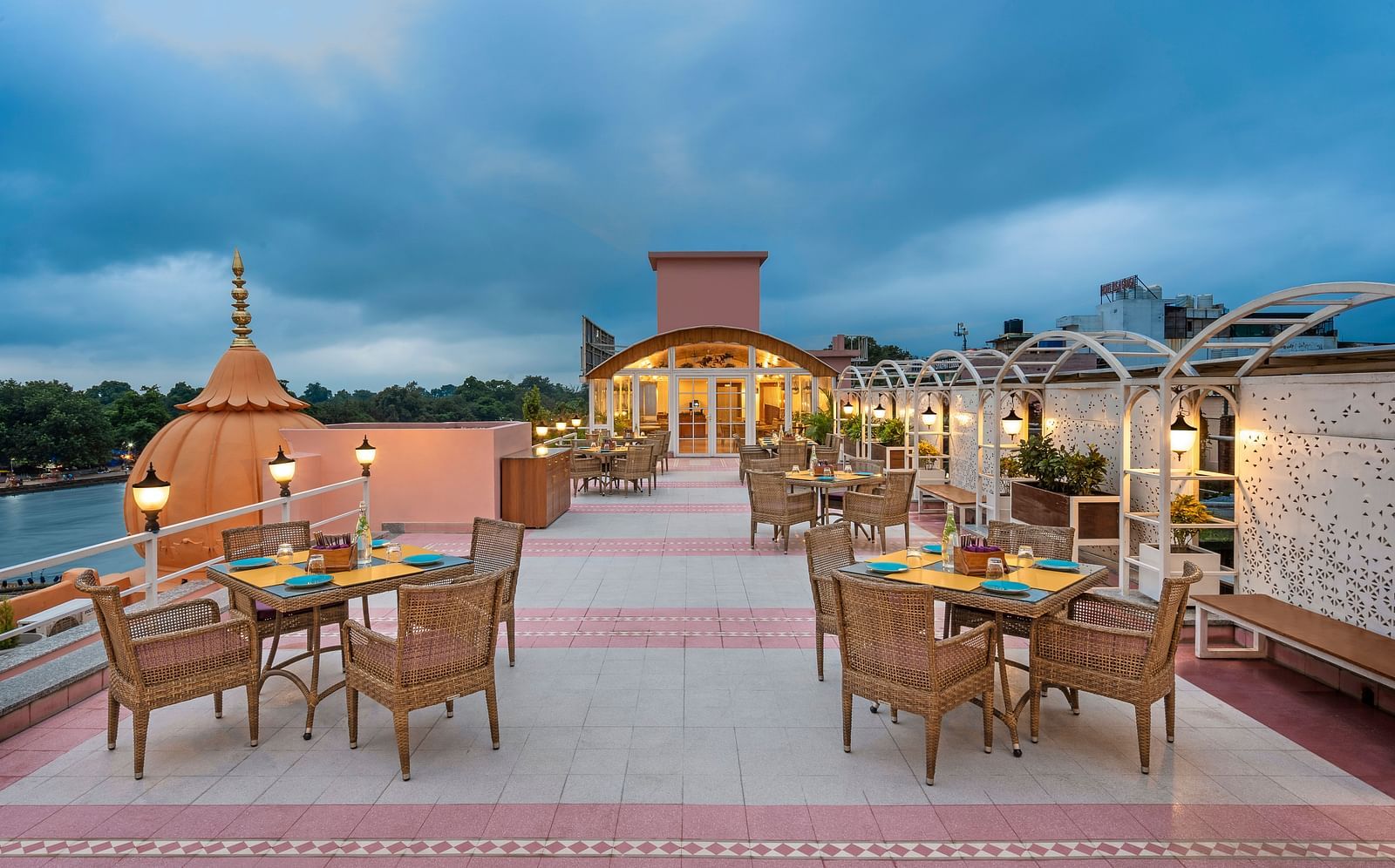 Restaurant patio overlooking a river