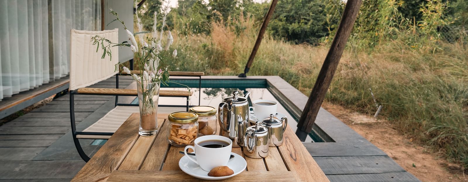 Coffee setup outside tents at Trees N Tigers, Tadoba.