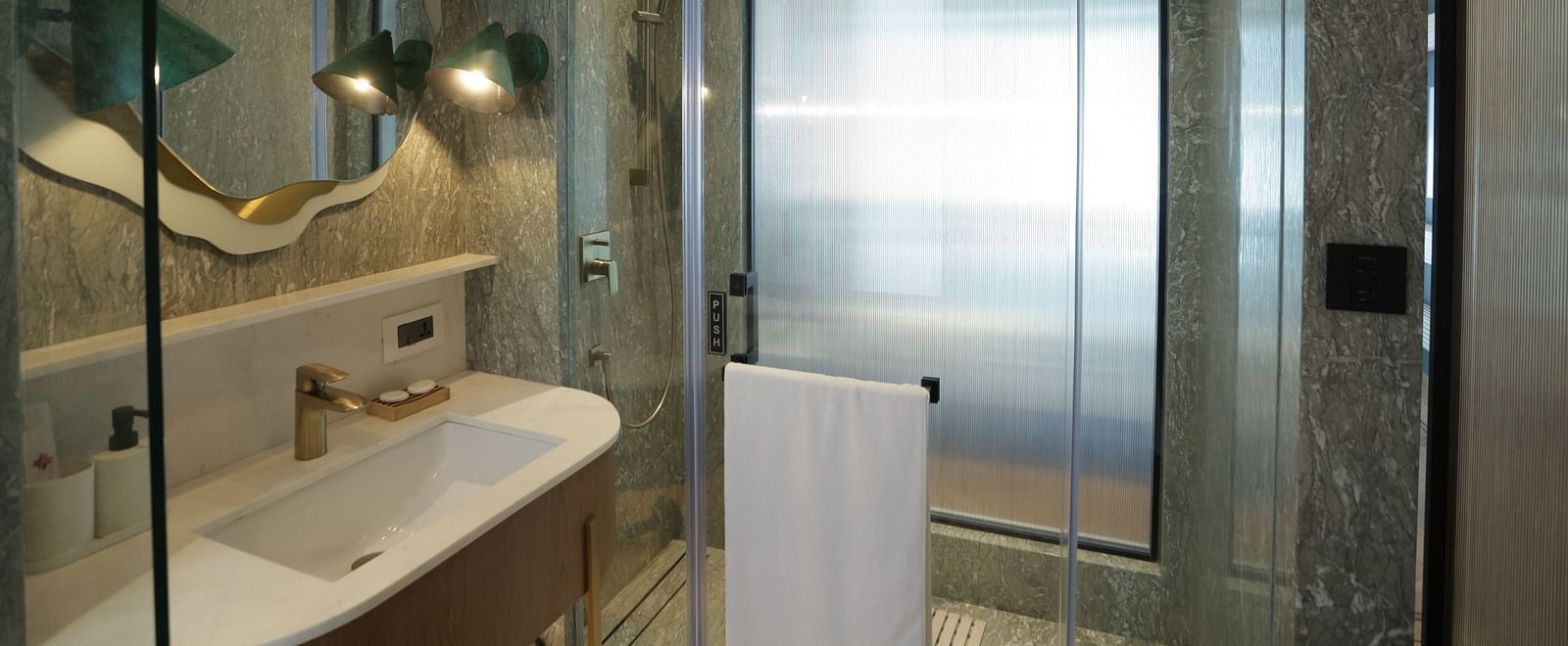 Luxurious bathroom at Regency Hotel, Mumbai featuring modern glass shower, marble finishes, elegant lighting and premium amenities for a sophisticated stay.