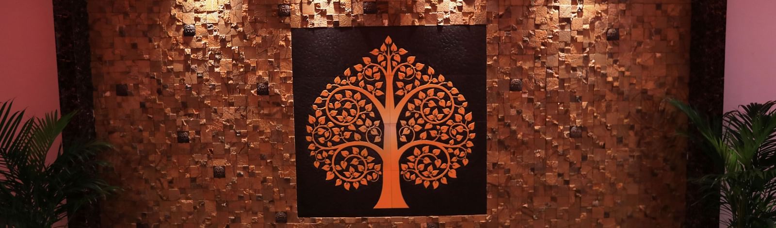 A wall with an engraving and four lights above it at Parampara Residency, Kushalnagar.
