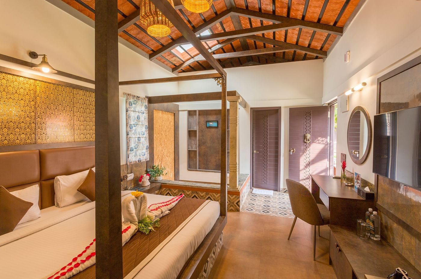 Premium room with ambient lighting and luxurious decor at Nirantara Resort