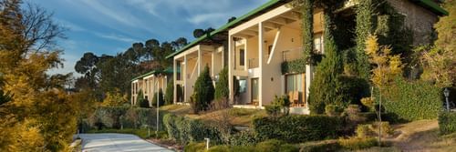 Facade of Suryavilas Luxury Resort and Spa in Solan with a paved driveway and green climbing plants on its exterior walls, under a blue sky with clouds