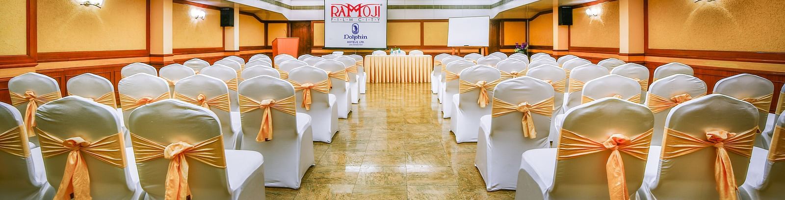 Champion Hall arrayed with chairs at Tara, Comfort Hotel in Hyderabad - Ramoji Film City.