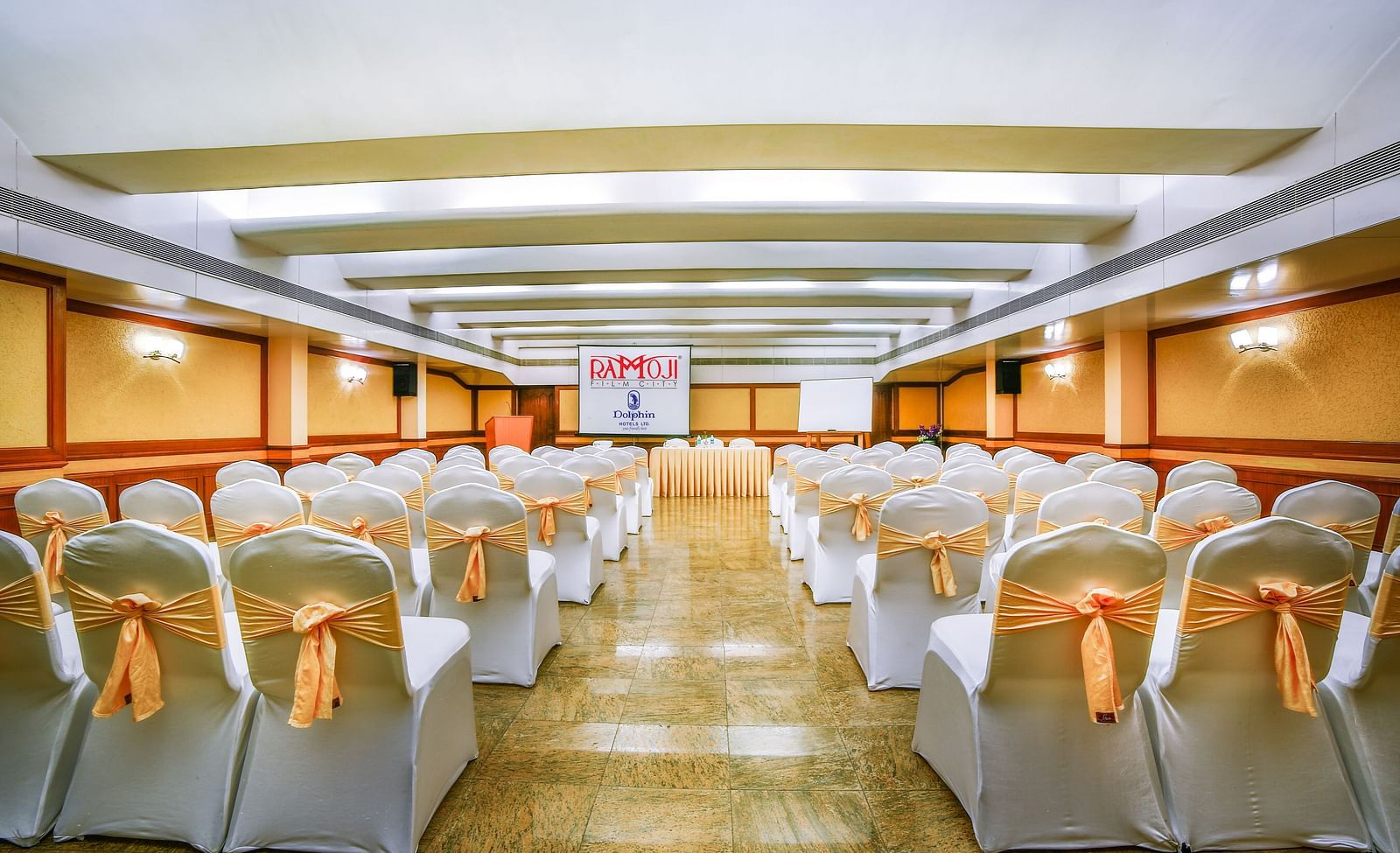 Champion Hall arrayed with chairs at Tara, Comfort Hotel in Hyderabad - Ramoji Film City.