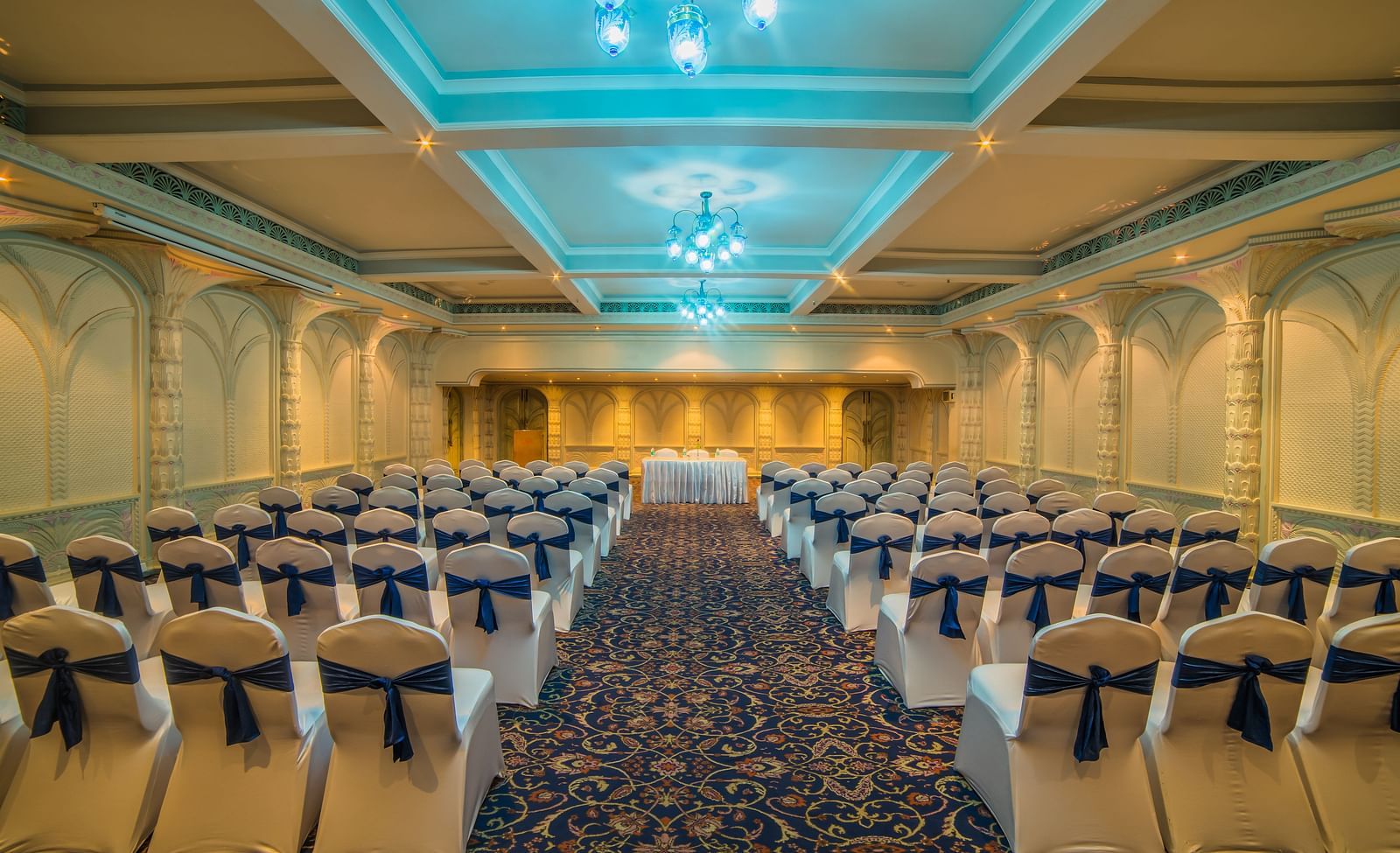 Seating arrangement in Samarkand Hall at Sitara Luxury Hotel in Hyderabad near Ramoji Film City.