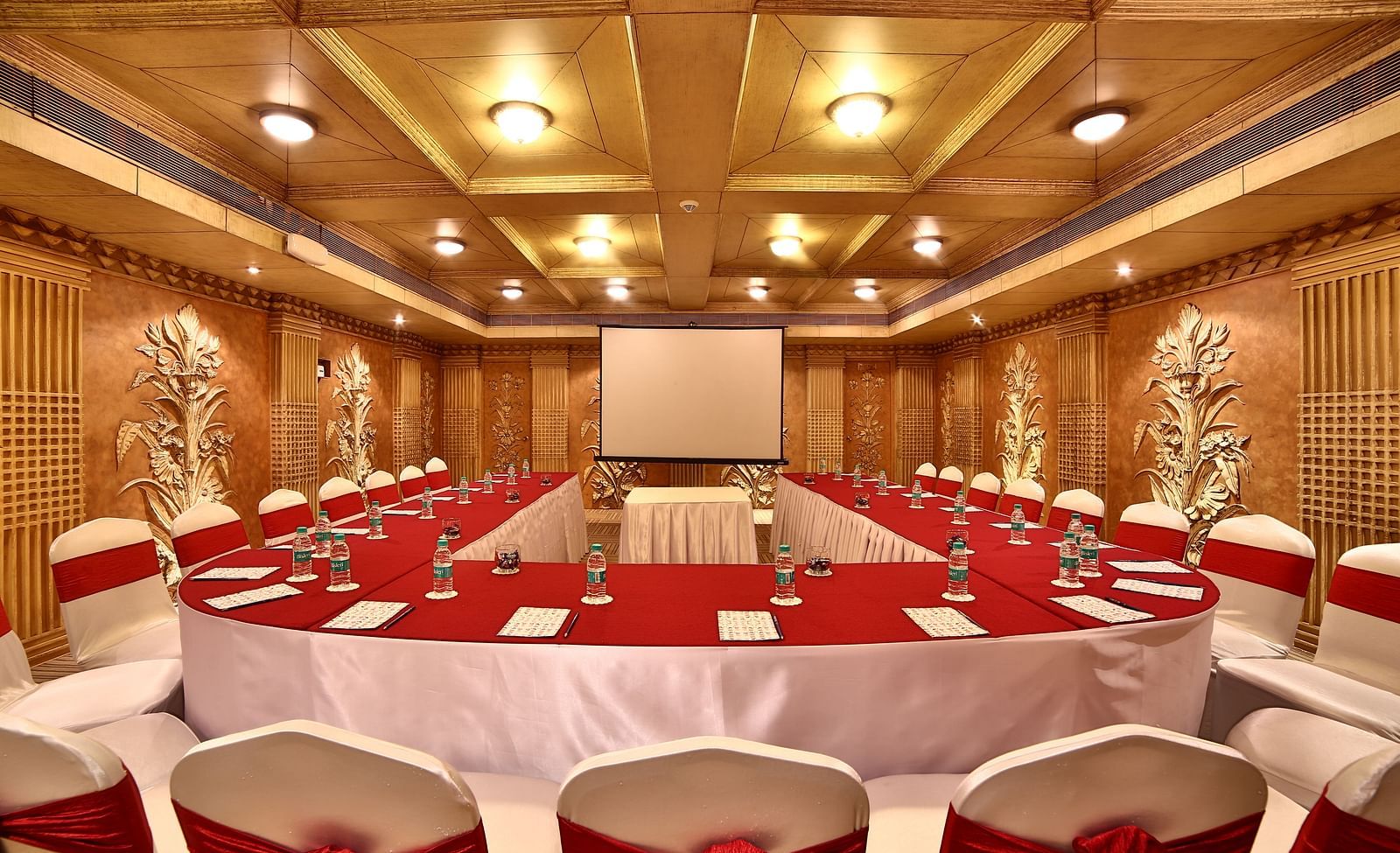 Seating arrangement in Sangam Hall at Sitara Luxury Hotel in Hyderabad near Ramoji Film City.