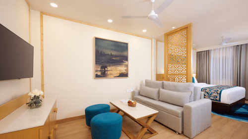 view of the living area in the Cottage at ABN Sarovar Portico, Jim Corbett