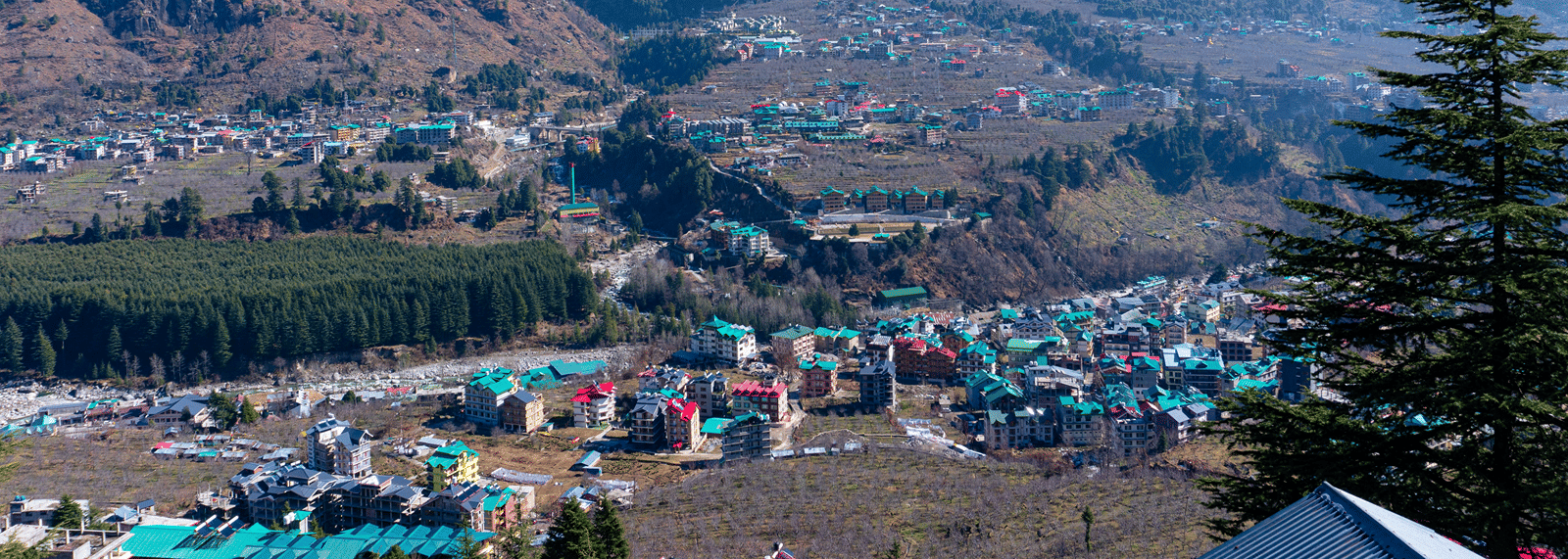 An aerial view of a densely populated valley town with houses and buildings spread across terraced mountain slopes near a pine forest.