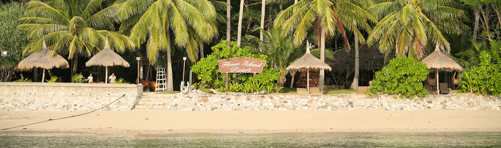 Palm-lined beach with loungers and huts along the shore at Flower Island Resort.