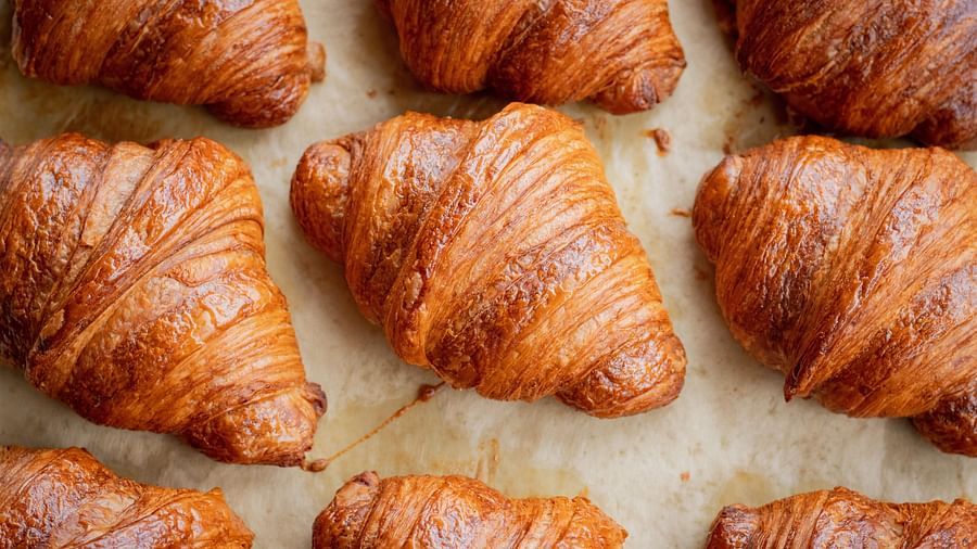 Aerial view of many croissants placed next to each other after they are baked