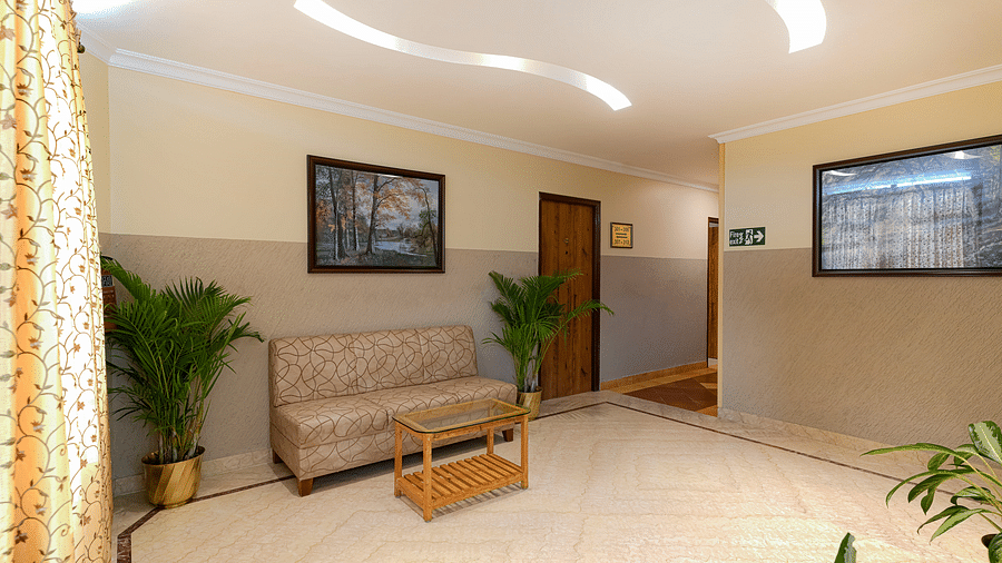 A lobby area with a couch and potted plants - Cross Roads Inn, Bengaluru