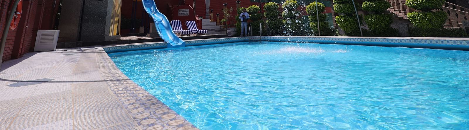 Image of a swimming  pool  of Hotel Amar surrounded by plants 