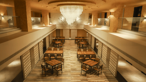 Seating arrangements in the ground floor with rooms on the first floor corridor - VITS Bharat Nanded