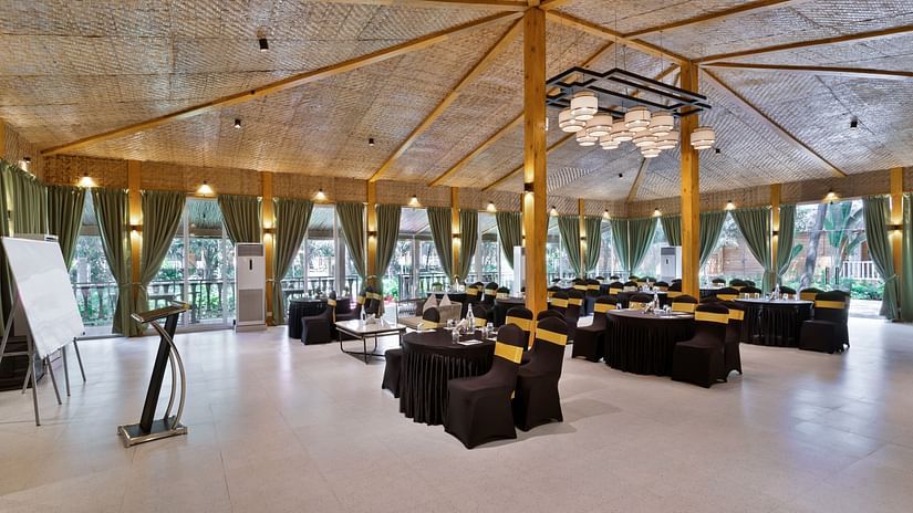 Banquet hall with serene interior decoration at Aralea Beach Resort by Stone Wood, Morjim
