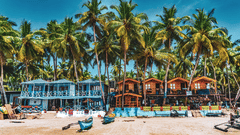 Beach in goa with several boats lining up and palm tress shadowing the beach