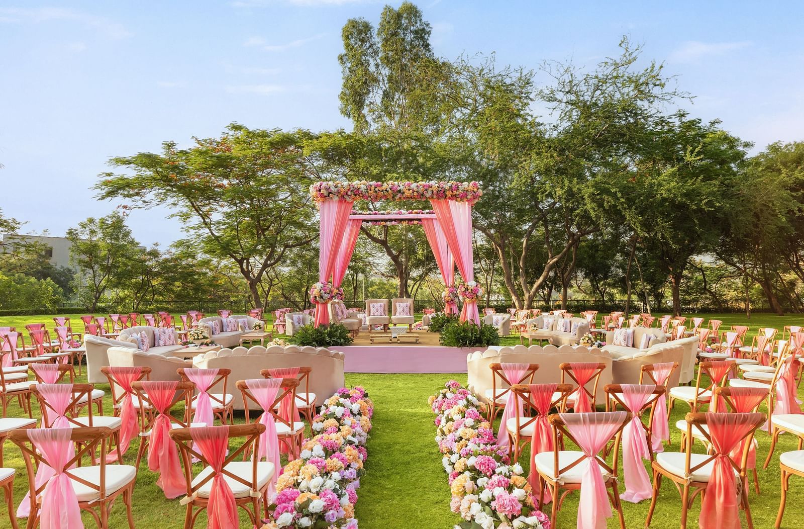 Seating arrangements in the lawn area of Gulmohar Gardens - Essentia Luxury Resort & Spa, Udaipur