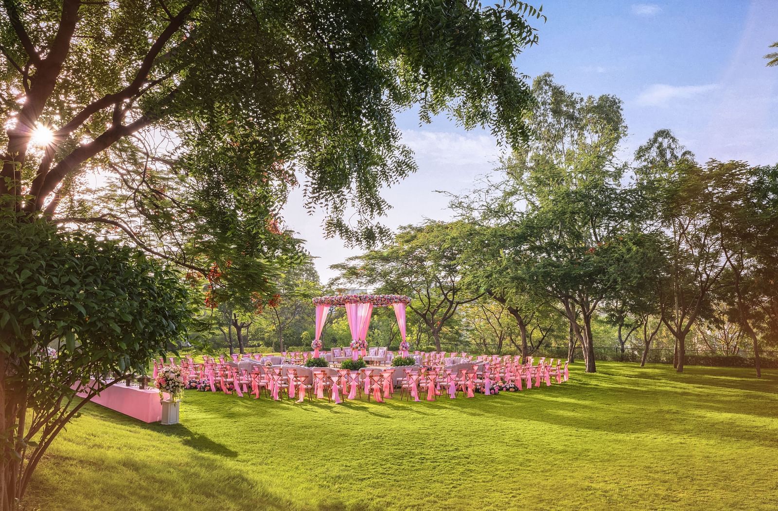 Seating arrangements in the lawn area of Gulmohar Gardens - Essentia Luxury Resort & Spa, Udaipur