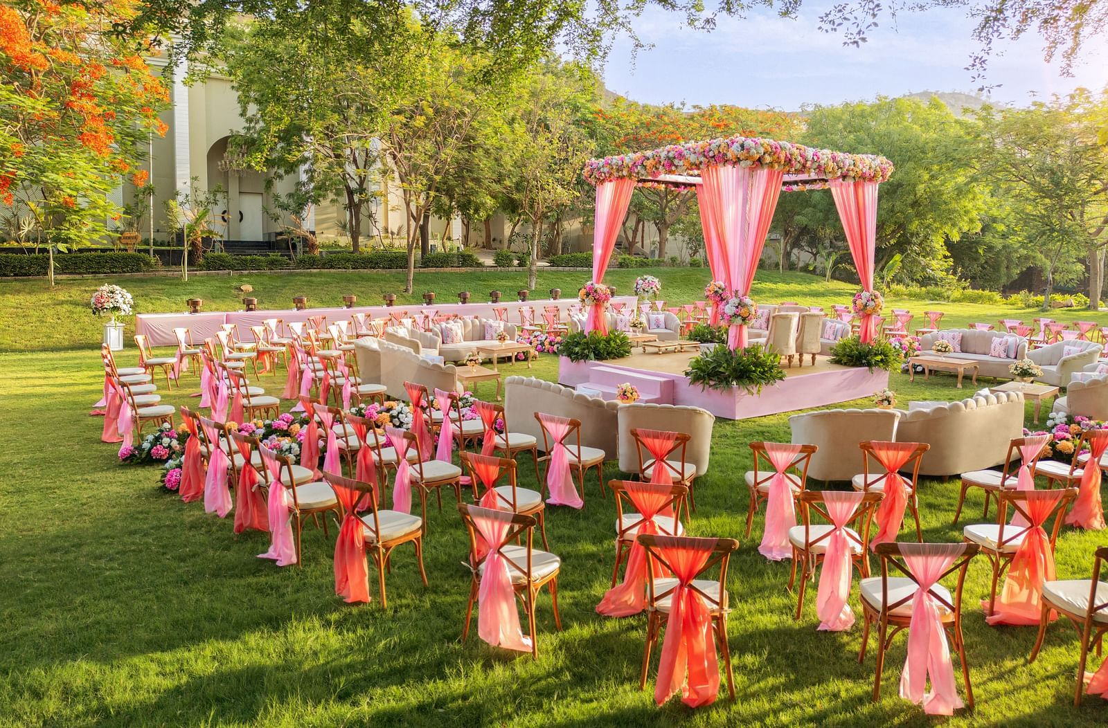 Seating arrangements in the lawn area of Gulmohar Gardens - Essentia Luxury Resort & Spa, Udaipur
