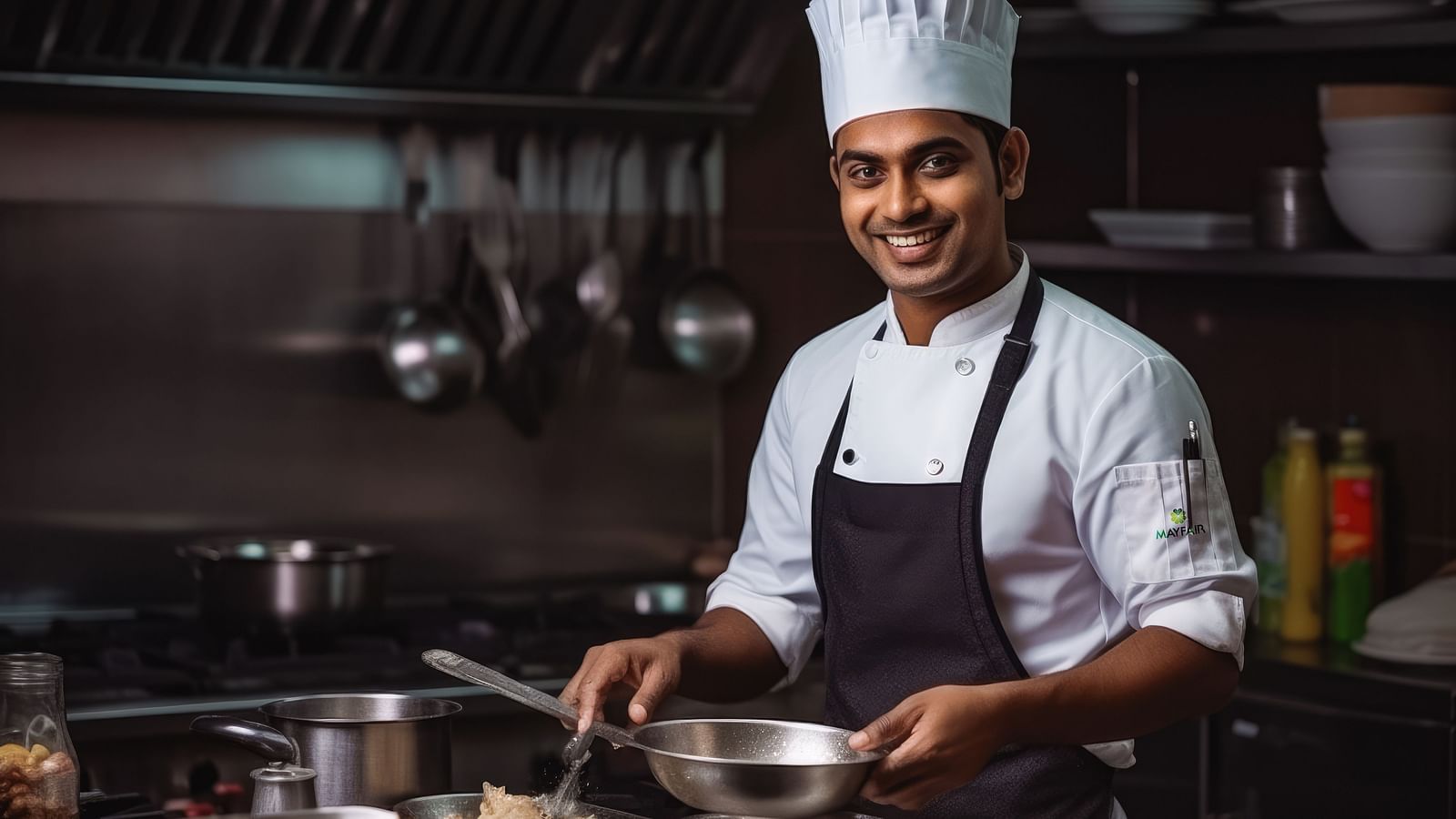 A cheerful chef preparing food in a commercial kitchen with utensils and ingredients around.