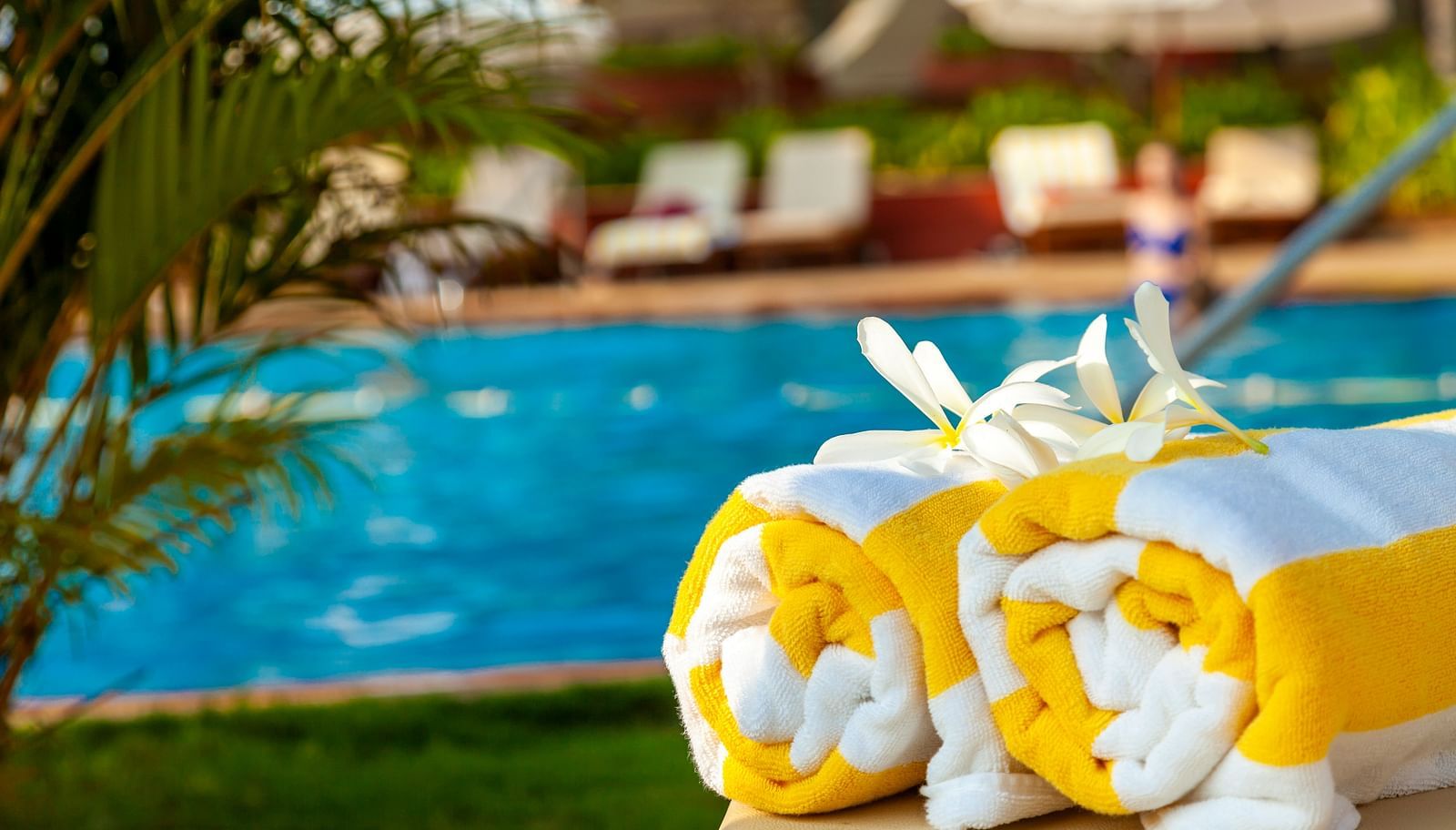 a close up shot of beach towels kept on a towel with a swimming pool in the background - Caravela Beach Resort Goa.