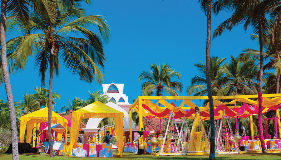 overview of the decorations for a wedding on the lawn - Caravela Beach Resort Goa