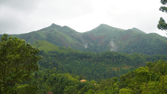 Mountains in Chikmagalur featuring lush slopes under a partially cloudy sky