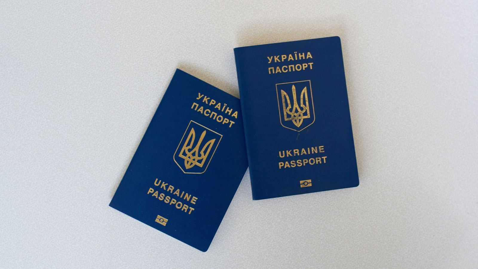 Two Ukrainian passports with a gold-coloured trident emblem on a white surface.