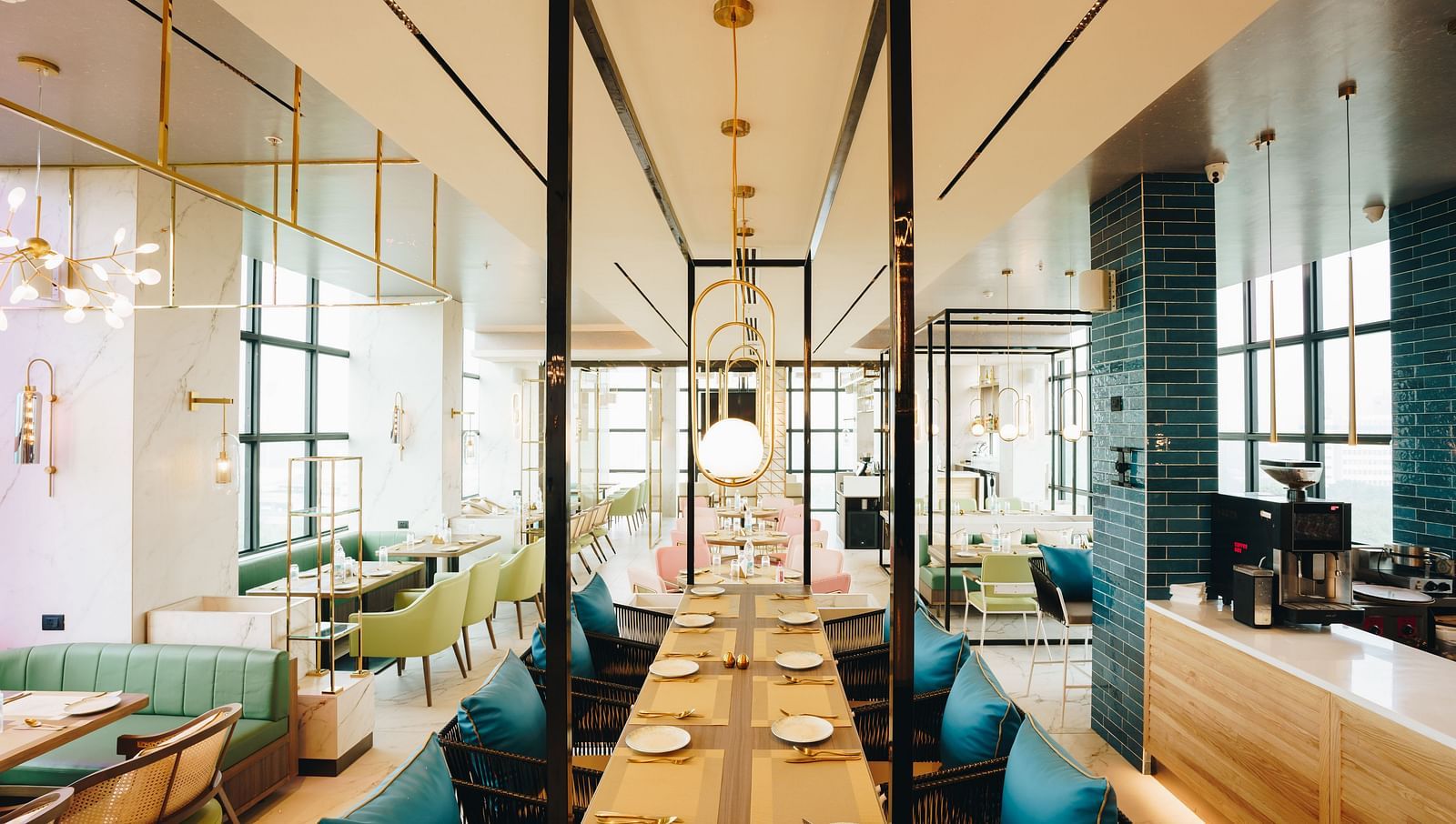 An overview of the seating arrangement inside Zaika Restaurant - Gemini Contental.