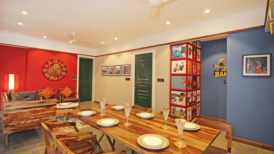 living room with fancy interiors and dining table at theory9