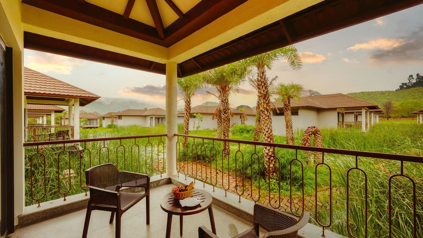 Balcony and outdoor seating area of Lagoon Villa at Ananta Spa & Resort, Ajabgarh.