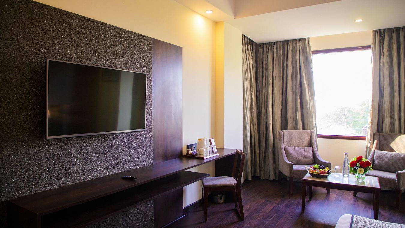 Deluxe room with large television and sofas