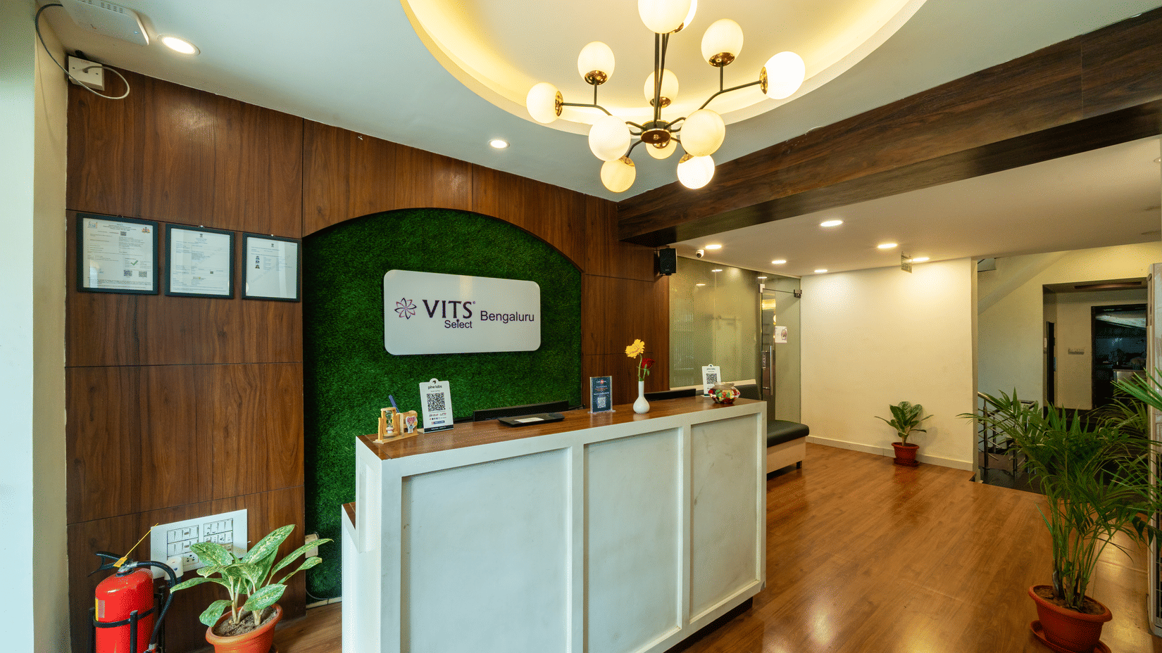 VITS Select, Bengaluru's reception area, featuring a sturdy front desk, a modern chandelier fixture, polished wooden flooring, and a decorative wall section with the VITS logo.
