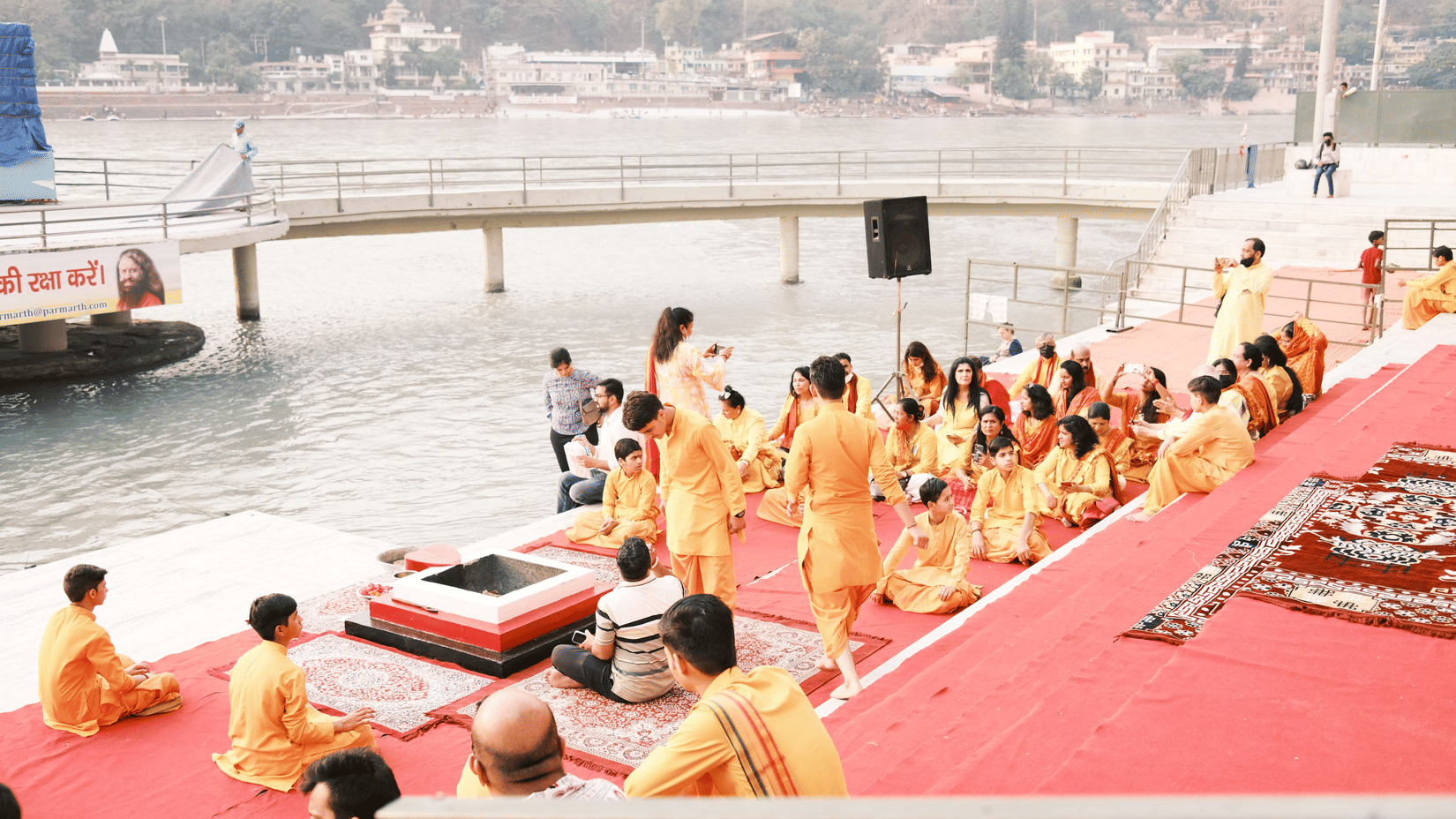 Devotees resting near the river at Parmarth Niketan Ashram @ Lamrin Boutique Cottages, Rishikesh