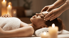 A woman wearing a towel receiving a head massage in a serene setting