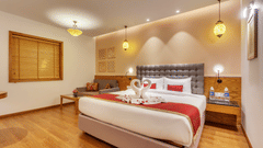 double bed in one of the rooms at our hotel in West Delhi