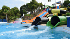 An overview of a waterpark with water slides in view