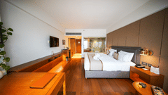 A perspective view inside the Premium King Room at Pride Premier Udaipur. The space displays a desk in the foreground, timber flooring, a double bed with pillows against the wall, a television mounted on the wall, and a doorway in the distance.