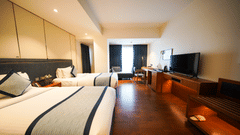 An interior view of the Premium Twin Room at Pride Premier Udaipur. The room contains two single beds positioned along the left wall. A television sits on a wooden console unit along the right wall leading towards a window at the far end.